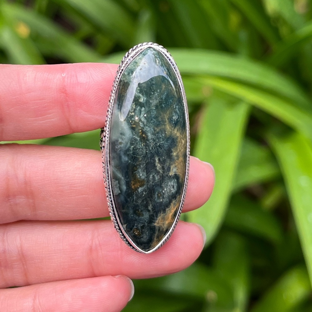 Size 7 chunky 925 silver plated ocean jasper ring